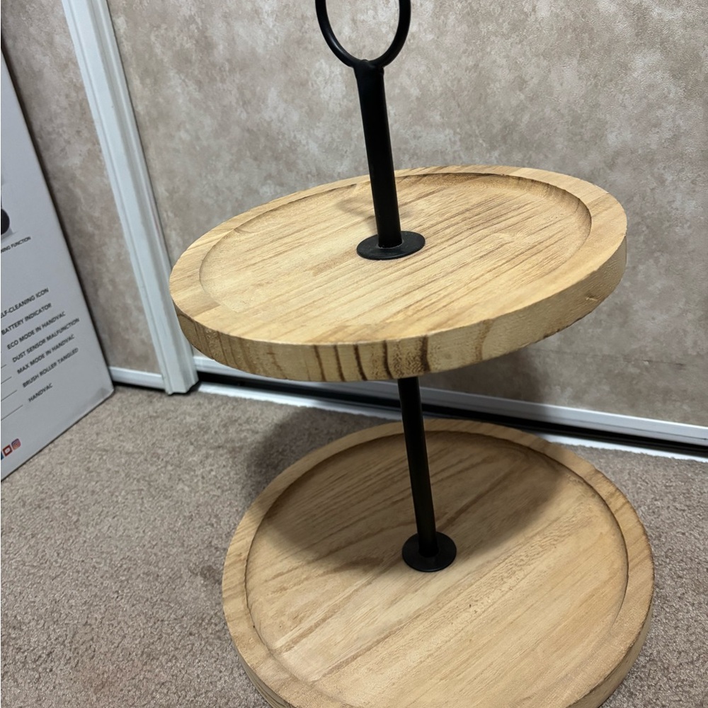 Two-Tier Wooden Stand with Black Metal Handle